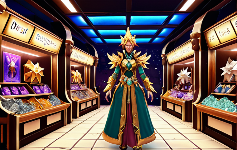 A charismatic character from Reverse: 1999, elegantly adorned in a rare, glowing costume. Behind them, a magical in-game shop displays shimmering "Dream Shards" and "Rusty Crystals" alongside limited-time offers and festive seasonal event decorations. The scene captures the triumph of obtaining exclusive attire through strategic purchases and event participation, rendered in a vibrant, detailed fantasy art style with cinematic lighting.