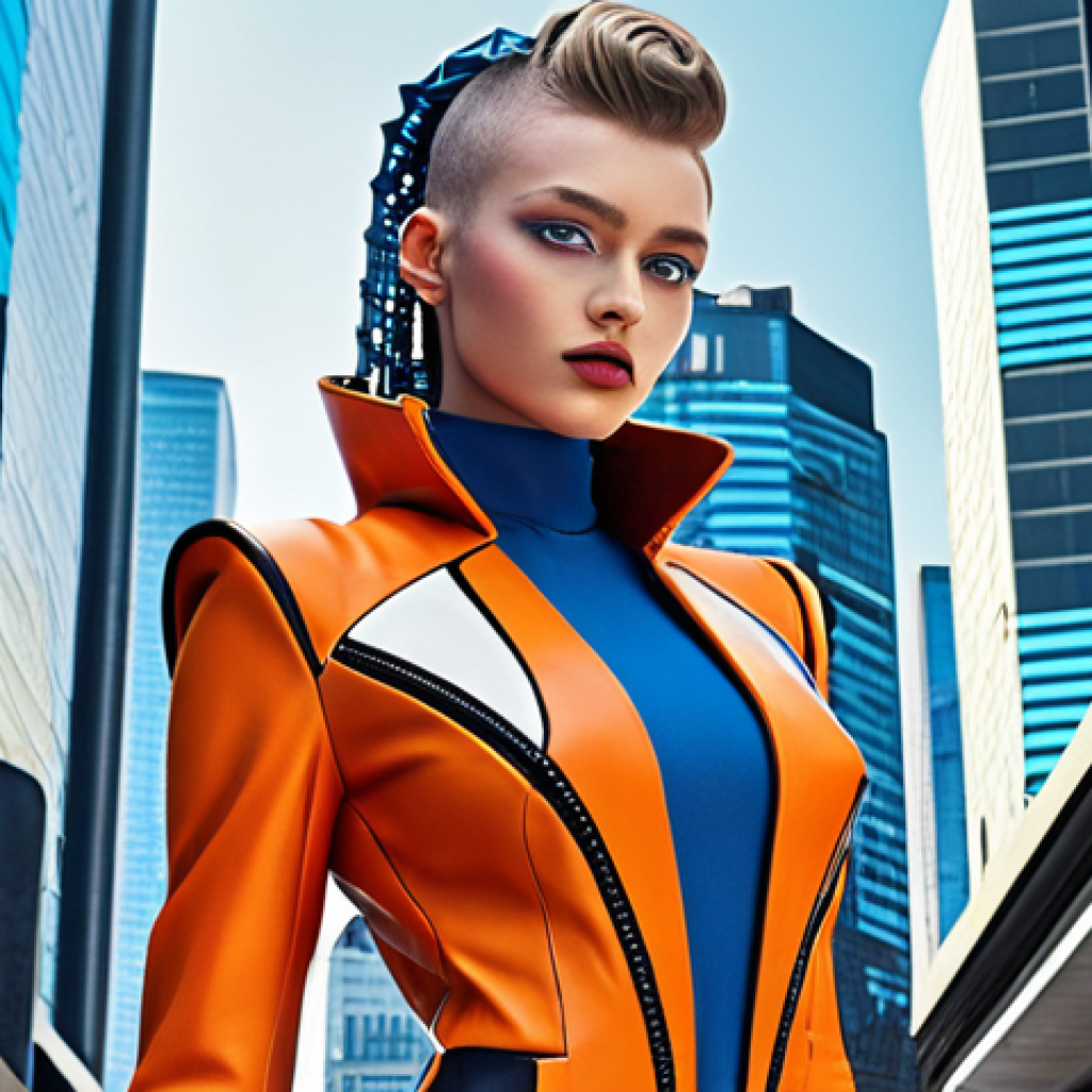 **Bold and innovative character in a futuristic cityscape, showcasing avant-garde fashion with bright colors, unconventional cuts, and unique details. The character exudes confidence and individuality, with the cityscape emphasizing modernity and technological advancement.**
