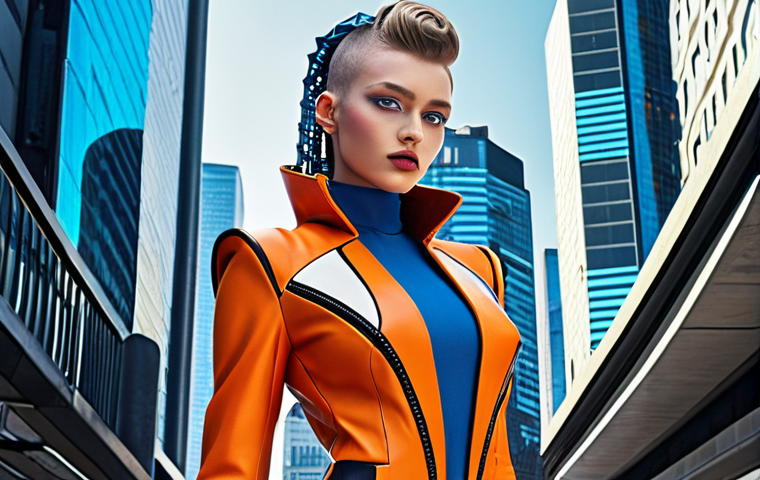**Bold and innovative character in a futuristic cityscape, showcasing avant-garde fashion with bright colors, unconventional cuts, and unique details. The character exudes confidence and individuality, with the cityscape emphasizing modernity and technological advancement.**