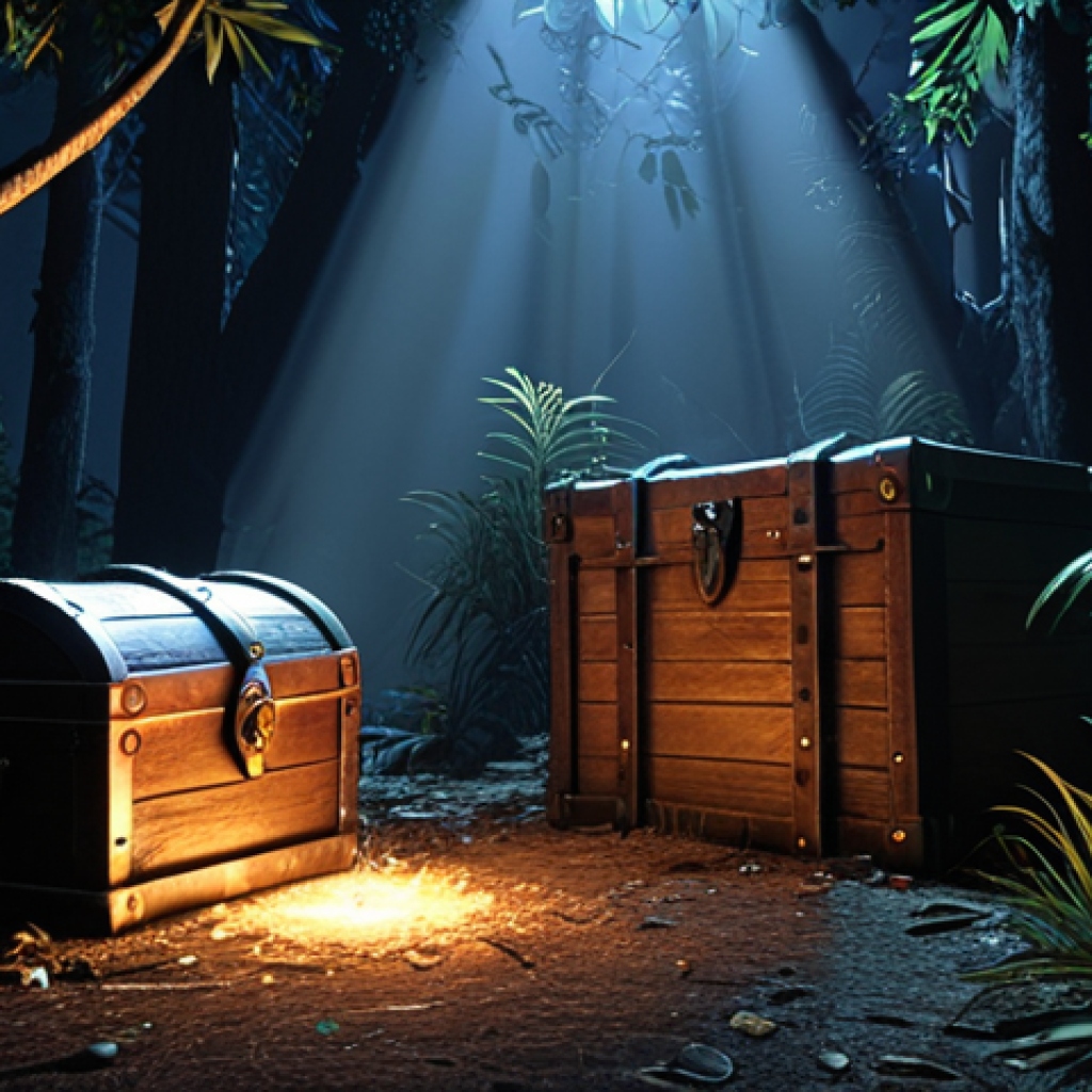 **A hidden map in the game "Return to 1999" is found in a dark corner behind some trees, revealing a treasure chest. The scene is lit by a mysterious glow.**