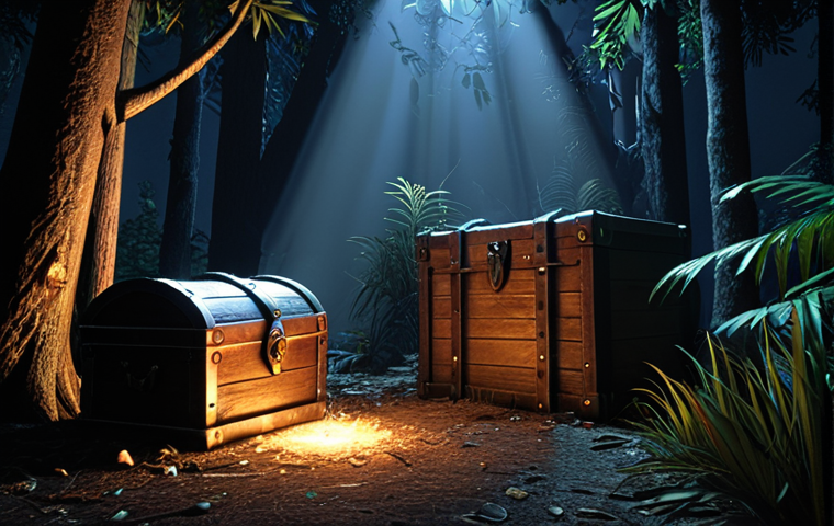 **A hidden map in the game "Return to 1999" is found in a dark corner behind some trees, revealing a treasure chest. The scene is lit by a mysterious glow.**