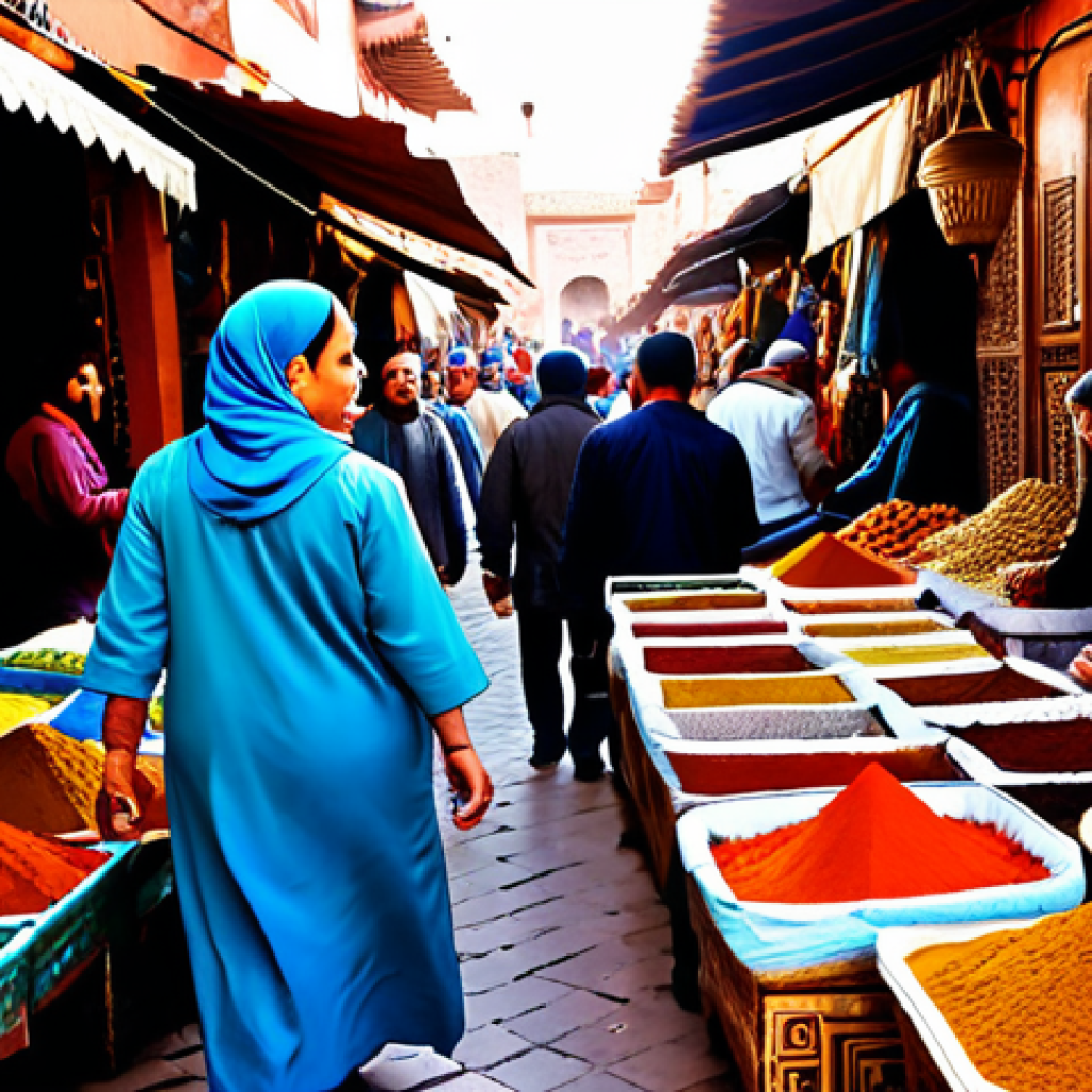 A bustling Souk scene**

"A vibrant marketplace (Souk) in Marrakech, Morocco, fully clothed merchants selling spices, textiles, and traditional crafts, busy shoppers in modest clothing, appropriate attire, safe for work, natural lighting, professional photography, high quality, perfect anatomy, correct proportions, family-friendly, warm color palette."

**