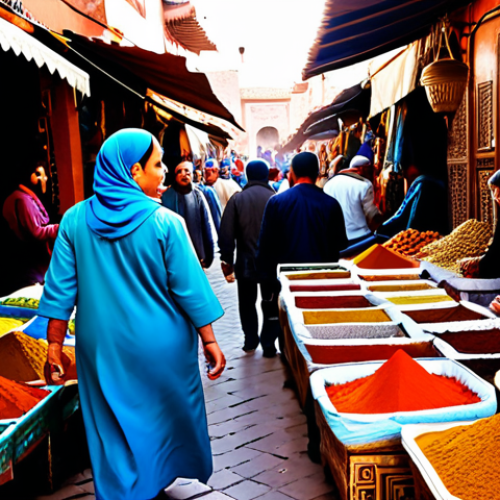 A bustling Souk scene**

"A vibrant marketplace (Souk) in Marrakech, Morocco, fully clothed merchants selling spices, textiles, and traditional crafts, busy shoppers in modest clothing, appropriate attire, safe for work, natural lighting, professional photography, high quality, perfect anatomy, correct proportions, family-friendly, warm color palette."

**