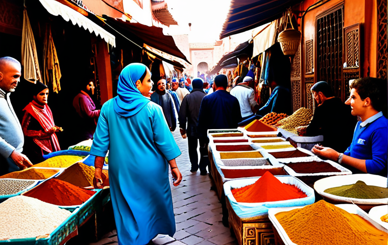 A bustling Souk scene**

"A vibrant marketplace (Souk) in Marrakech, Morocco, fully clothed merchants selling spices, textiles, and traditional crafts, busy shoppers in modest clothing, appropriate attire, safe for work, natural lighting, professional photography, high quality, perfect anatomy, correct proportions, family-friendly, warm color palette."

**