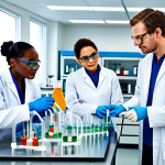 **

"A group of diverse researchers in a brightly lit laboratory, fully clothed in lab coats and safety glasses, collaborating on a scientific experiment, appropriate attire, safe for work, perfect anatomy, natural proportions, family-friendly educational content, professional scientific illustration, high quality."

**