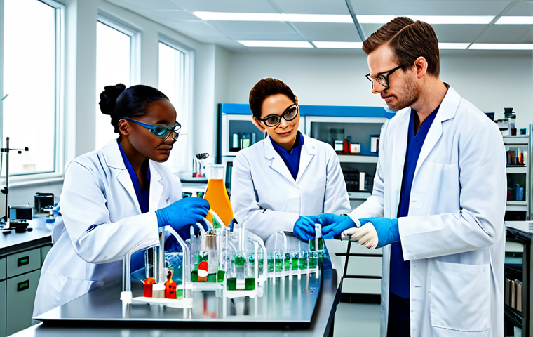**

"A group of diverse researchers in a brightly lit laboratory, fully clothed in lab coats and safety glasses, collaborating on a scientific experiment, appropriate attire, safe for work, perfect anatomy, natural proportions, family-friendly educational content, professional scientific illustration, high quality."

**