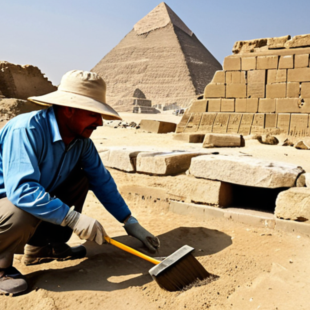 **

"A professional archaeologist, fully clothed in durable field gear and a sun hat, carefully excavating a site in Giza, Egypt. The scene includes ancient stone structures, brushes, and tools, with the pyramids visible in the background. Safe for work, appropriate content, professional, family-friendly, perfect anatomy, natural proportions, high-resolution photography, bright daylight."

**