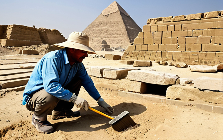 **

"A professional archaeologist, fully clothed in durable field gear and a sun hat, carefully excavating a site in Giza, Egypt. The scene includes ancient stone structures, brushes, and tools, with the pyramids visible in the background. Safe for work, appropriate content, professional, family-friendly, perfect anatomy, natural proportions, high-resolution photography, bright daylight."

**