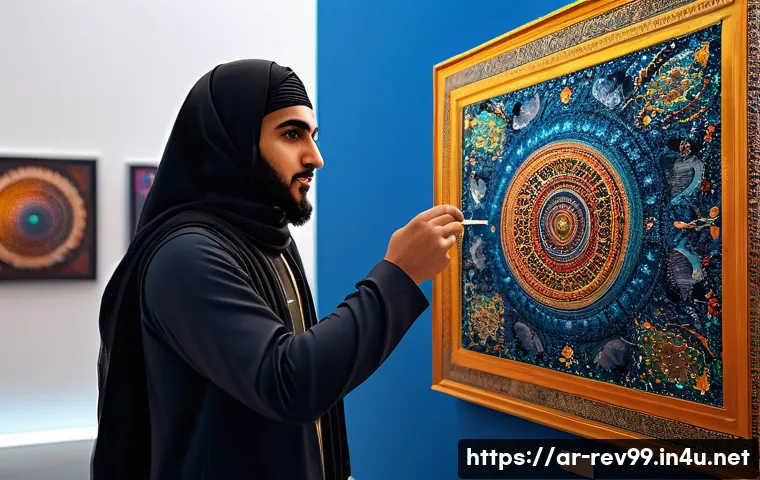 리버스 1999 팬아트 갤러리 - A vibrant digital art exhibition scene showcasing young Arab artists presenting their fan art inspir...