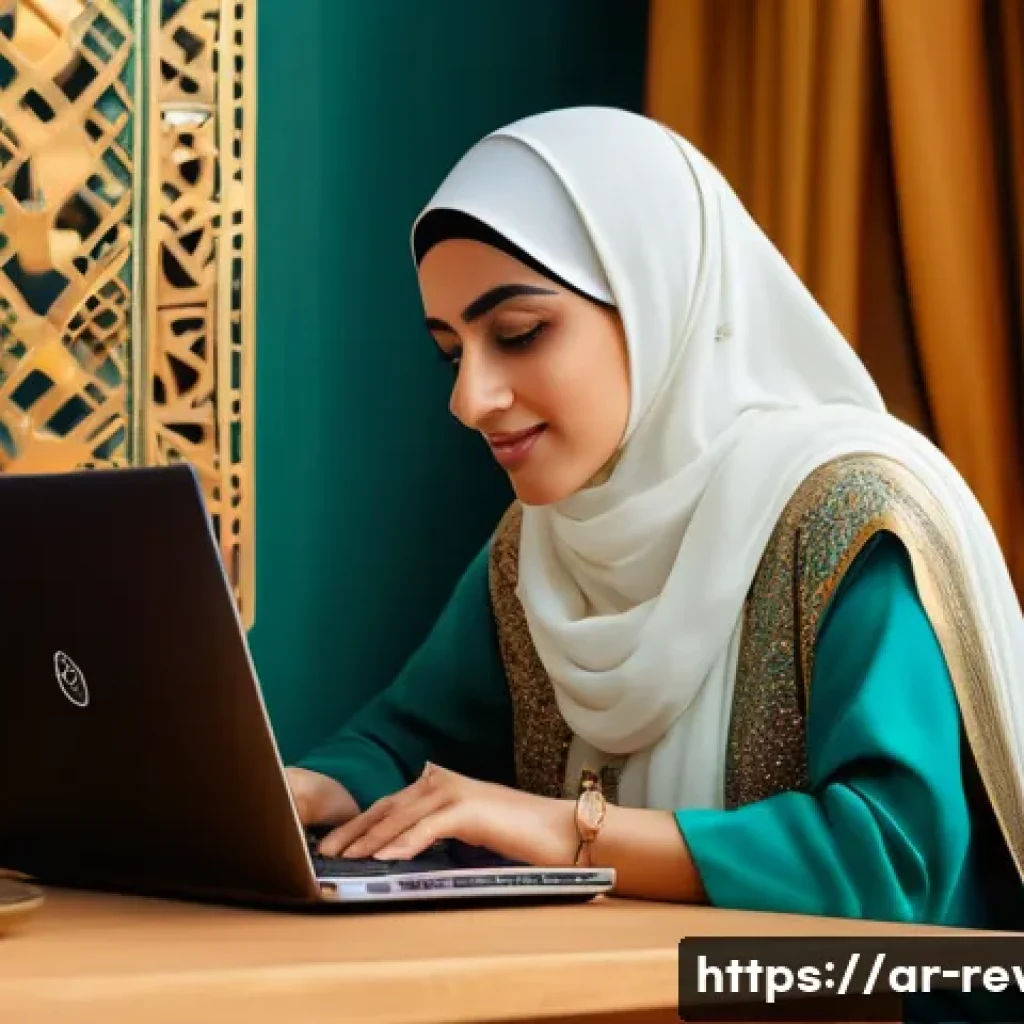 리버스 1999 상점 할인 팁 - A vibrant Middle Eastern online shopping scene featuring a stylish Arab woman using a laptop at home...