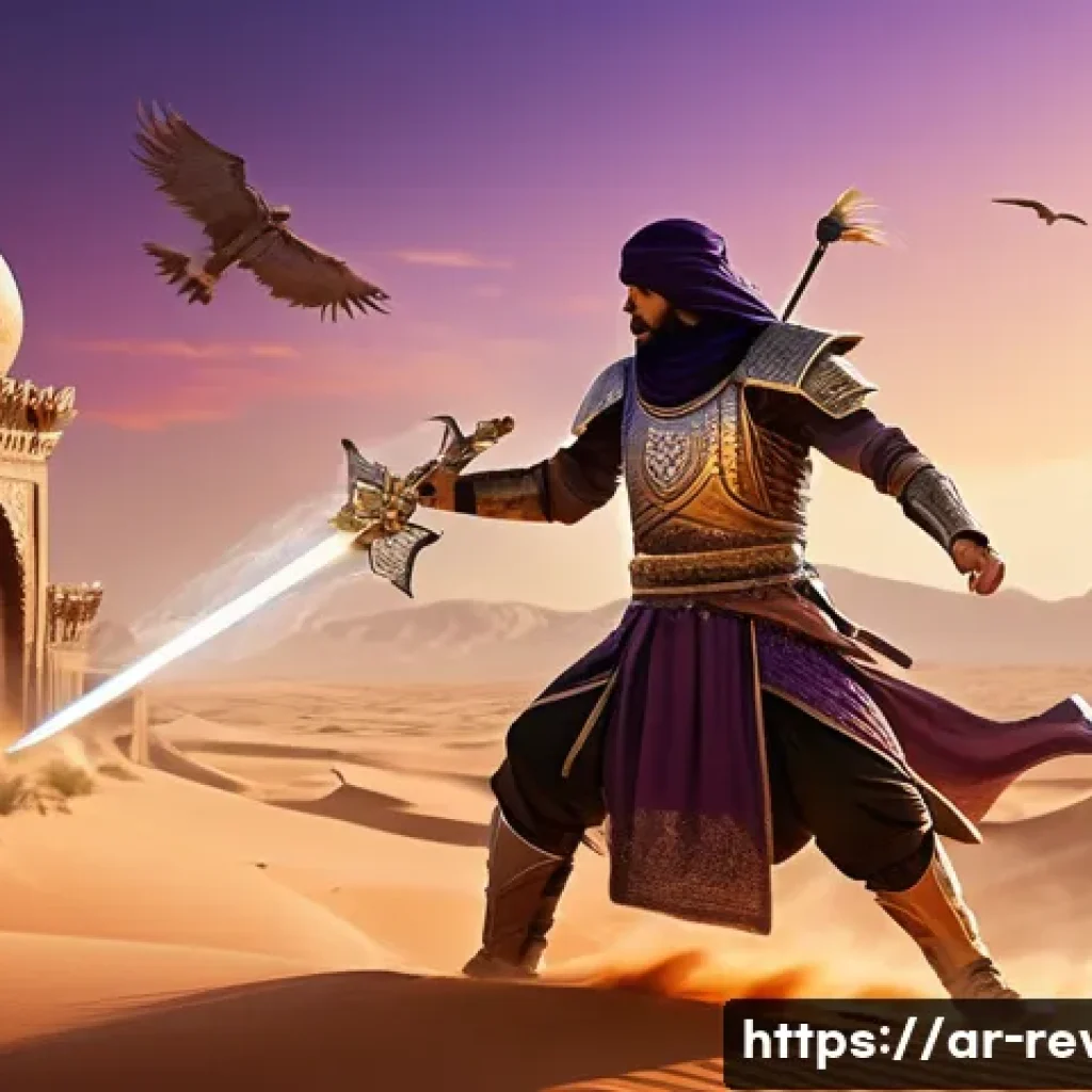 리버스 1999 최종 보스 공략 - A detailed scene of a Middle Eastern-inspired fantasy battlefield at dusk, featuring a heroic charac...