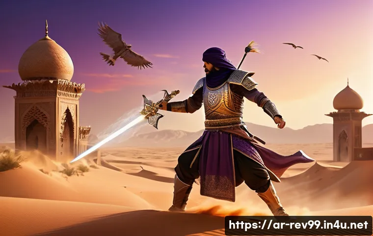 리버스 1999 최종 보스 공략 - A detailed scene of a Middle Eastern-inspired fantasy battlefield at dusk, featuring a heroic charac...