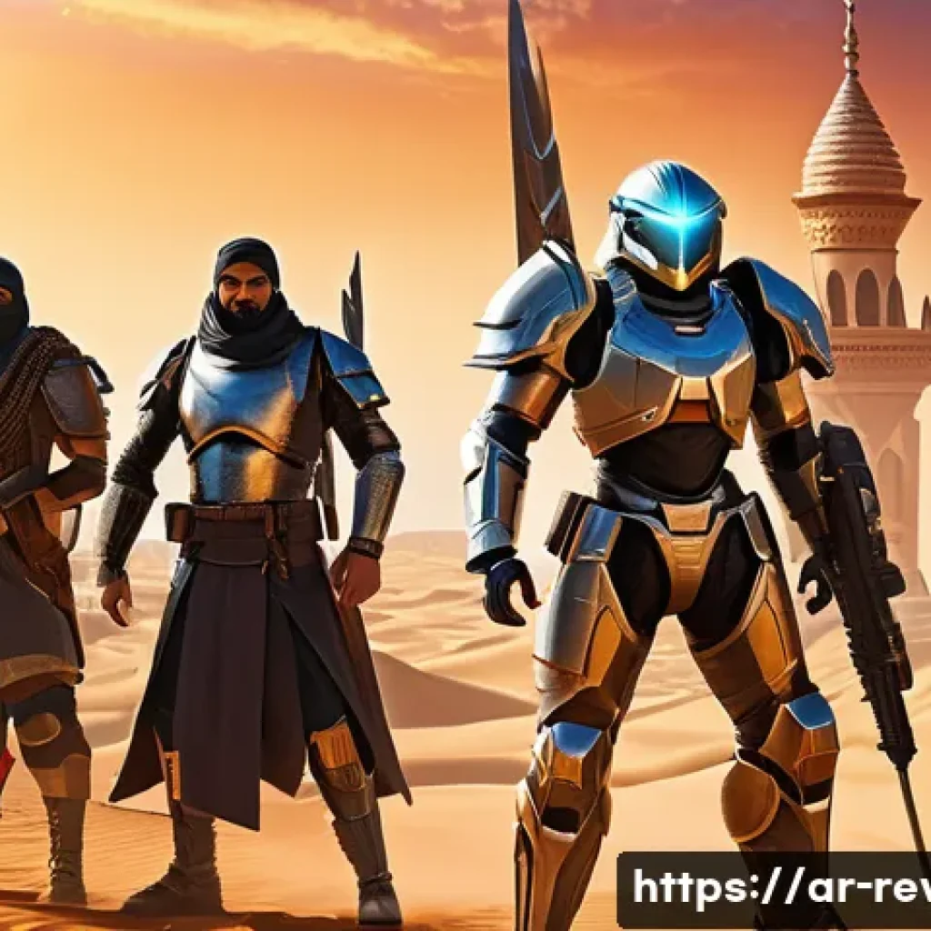 리버스 1999 필수 메타 조합법 - A dynamic team battle scene in the style of a futuristic Arabic-themed RPG game, featuring diverse h...