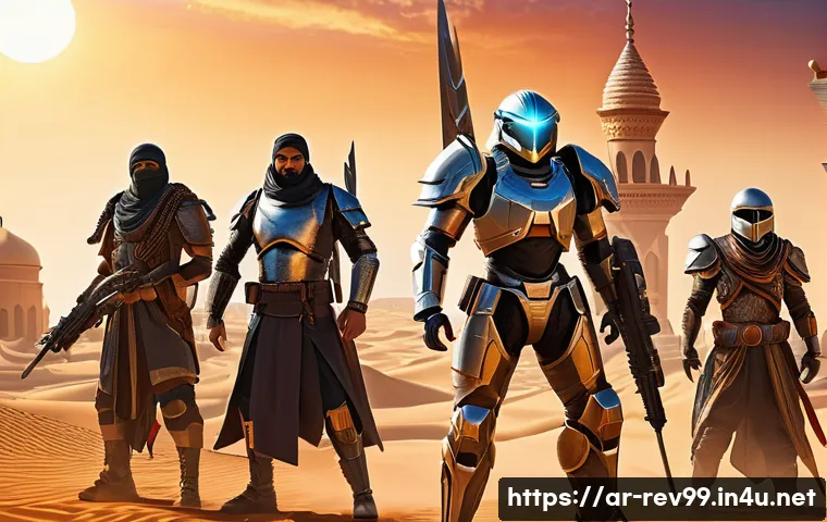 리버스 1999 필수 메타 조합법 - A dynamic team battle scene in the style of a futuristic Arabic-themed RPG game, featuring diverse h...