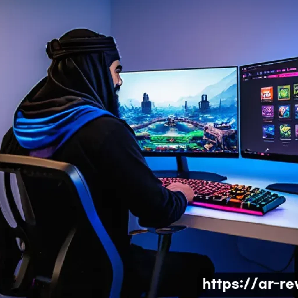 리버스 1999 공식 유튜브 채널 - A vibrant and dynamic gaming studio setup showcasing a Middle Eastern gamer deeply engaged in playin...