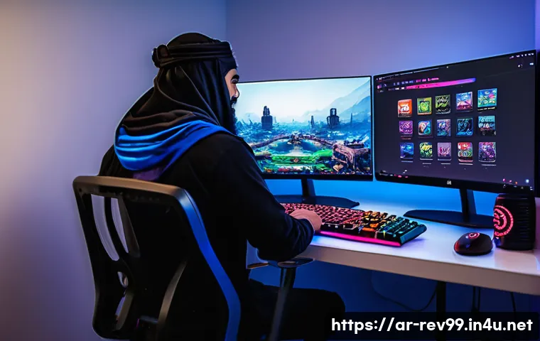 리버스 1999 공식 유튜브 채널 - A vibrant and dynamic gaming studio setup showcasing a Middle Eastern gamer deeply engaged in playin...
