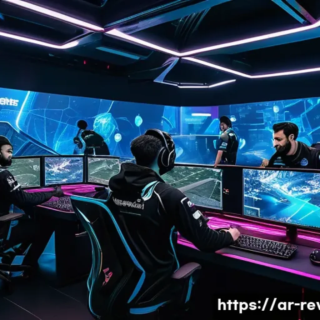 리버스 1999 랭킹 시스템 설명 - A dynamic esports scene showing a diverse Middle Eastern gaming team collaborating intensely during ...