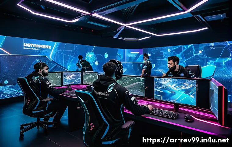 리버스 1999 랭킹 시스템 설명 - A dynamic esports scene showing a diverse Middle Eastern gaming team collaborating intensely during ...