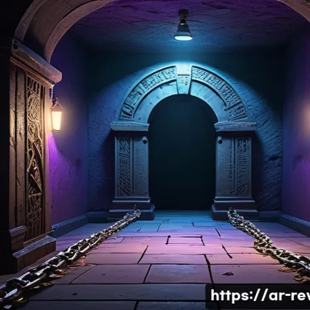 리버스 1999 신규 던전 소개 - A dark, eerie dungeon corridor with twisting pathways illuminated by faint, cold blue and purple glo...