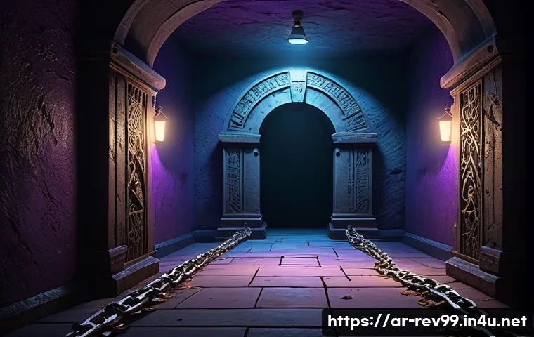 리버스 1999 신규 던전 소개 - A dark, eerie dungeon corridor with twisting pathways illuminated by faint, cold blue and purple glo...