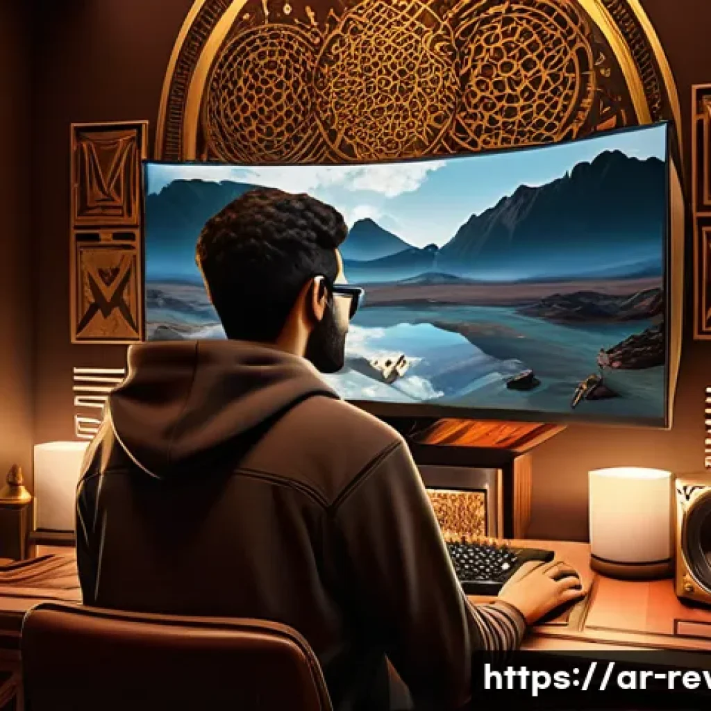 리버스 1999 공략 사이트 추천 - A detailed digital illustration of a Middle Eastern gamer&rsquo;s cozy room setup, featuring traditional A...
