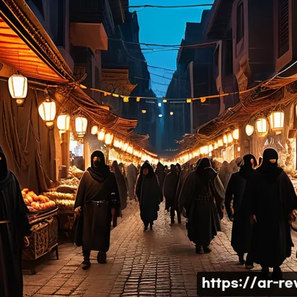 리버스 1999 주요 아이템 드랍 위치 - A detailed urban night scene in a densely populated marketplace featuring groups of "Red Shadow" ene...