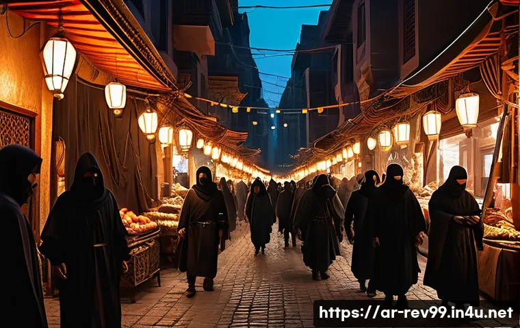 리버스 1999 주요 아이템 드랍 위치 - A detailed urban night scene in a densely populated marketplace featuring groups of "Red Shadow" ene...