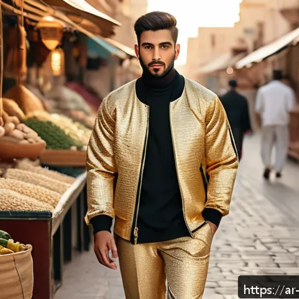 리버스 1999 한정 아이템 구매 가이드 - A stylish young Arab man wearing a modern, limited-edition 리버스1999 jacket and matching neutral-toned...