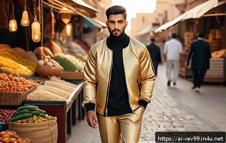리버스 1999 한정 아이템 구매 가이드 - A stylish young Arab man wearing a modern, limited-edition 리버스1999 jacket and matching neutral-toned...
