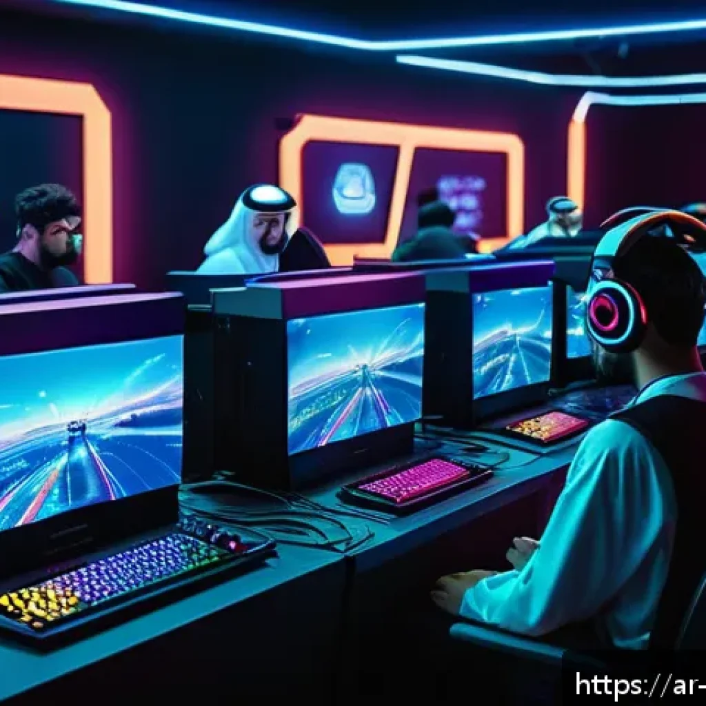 리버스 1999 팬들과 함께하는 이벤트 - A vibrant gaming event scene inspired by Reverse:1999, featuring diverse Arabic gamers actively enga...