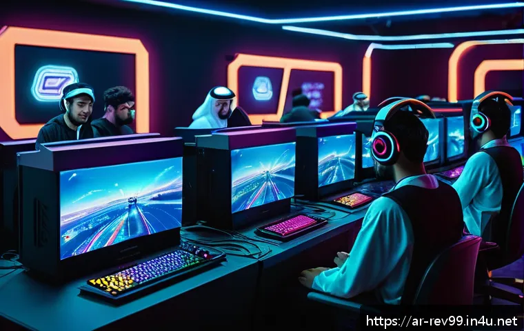 리버스 1999 팬들과 함께하는 이벤트 - A vibrant gaming event scene inspired by Reverse:1999, featuring diverse Arabic gamers actively enga...
