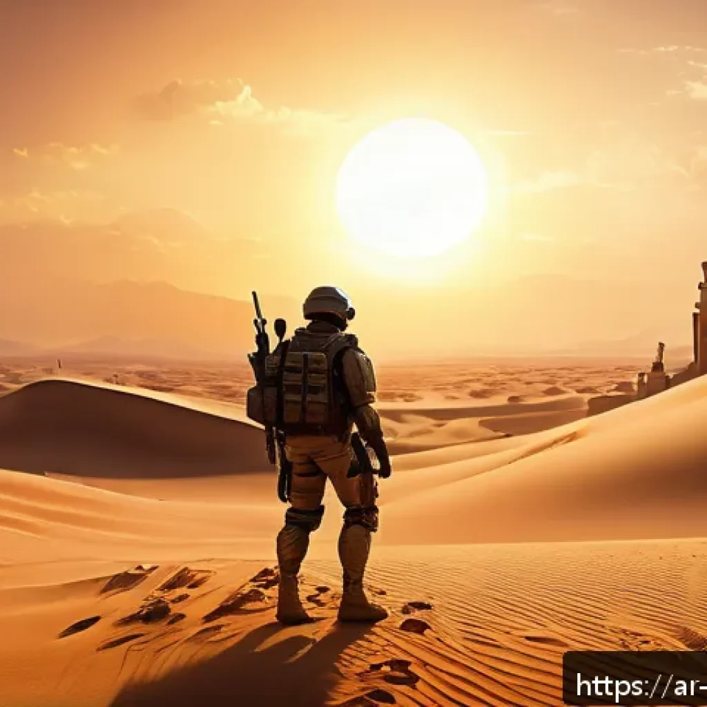 리버스 1999 글로벌 팬 커뮤니티 - A richly detailed virtual desert battlefield from the game Rebirth:1999, featuring dynamic sand dune...