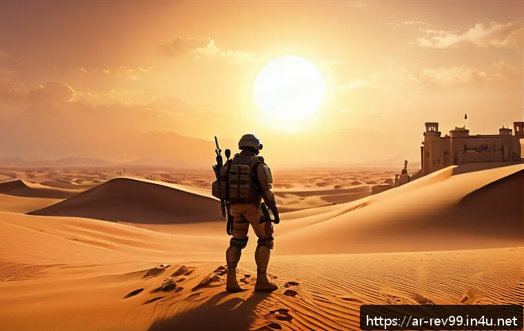 리버스 1999 글로벌 팬 커뮤니티 - A richly detailed virtual desert battlefield from the game Rebirth:1999, featuring dynamic sand dune...