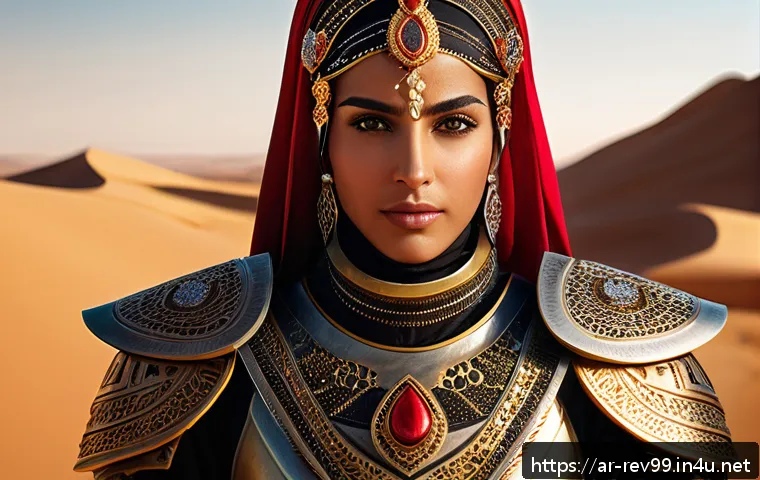 리버스 1999 캐릭터 아트 갤러리 - A heroic character from a futuristic Arabic-inspired world, wearing intricately decorated traditiona...