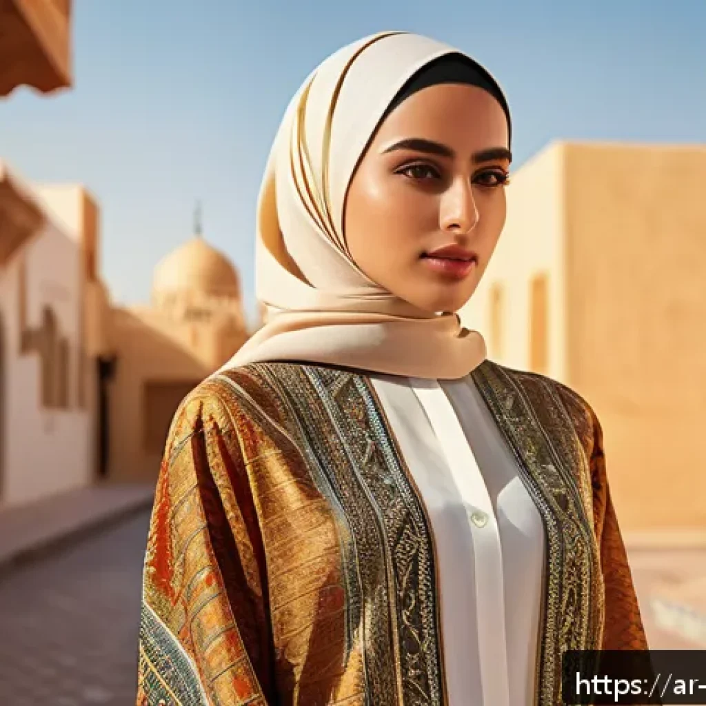 리버스 1999 상점에서 무엇을 사야 할까 - A stylish young Arab woman wearing elegant modern fashion from Reverse 1999, featuring unique artist...