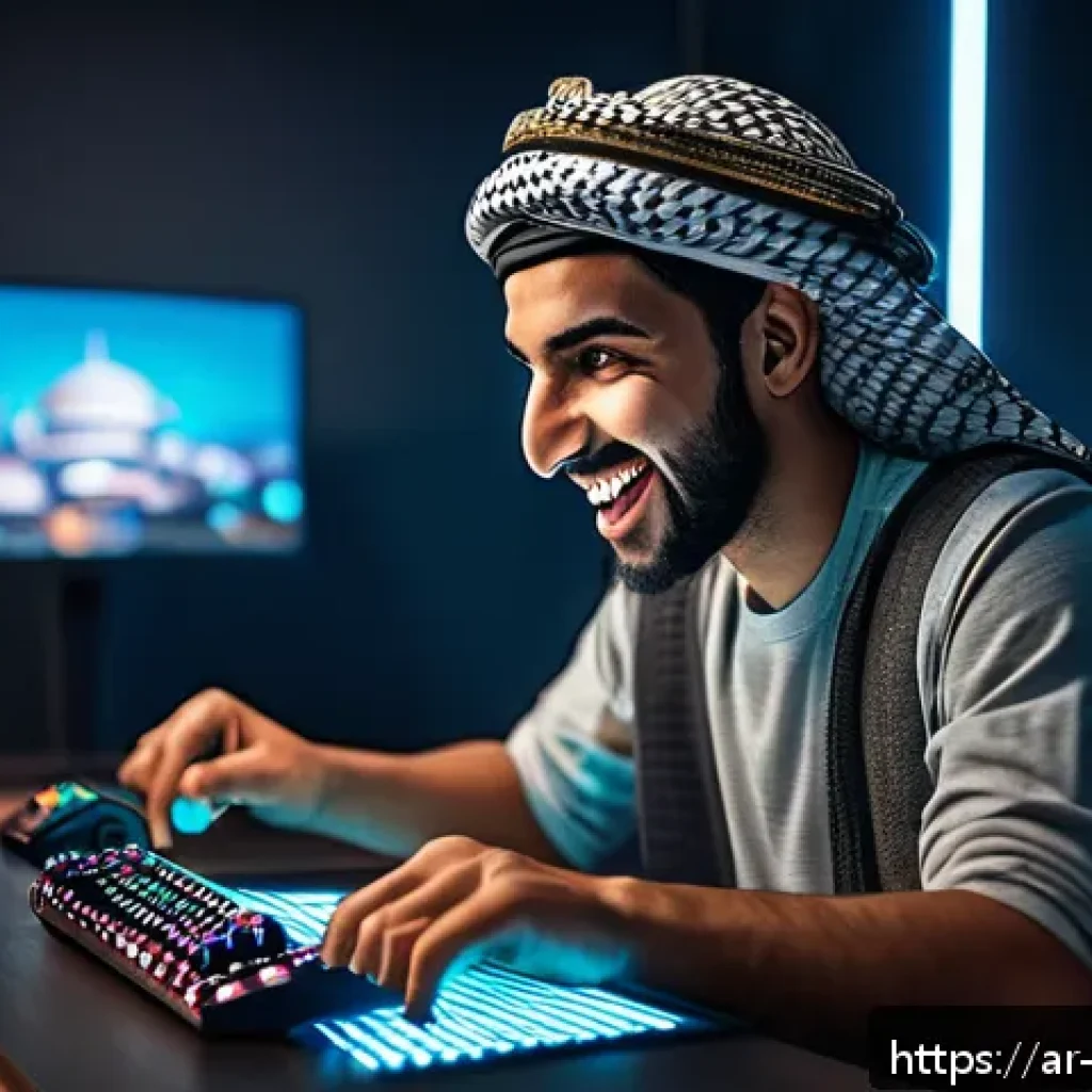 리버스 1999 신규 유저 환영 이벤트 - A dynamic scene depicting a young Arab male gamer excitedly receiving exclusive beginner rewards in ...