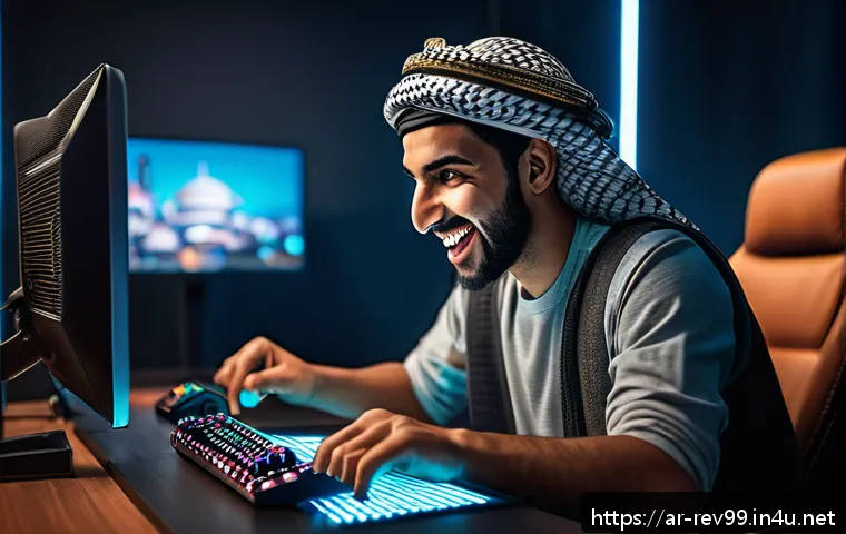 리버스 1999 신규 유저 환영 이벤트 - A dynamic scene depicting a young Arab male gamer excitedly receiving exclusive beginner rewards in ...