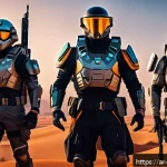 리버스 1999 콘텐츠 업데이트 일정 - A dynamic scene showcasing a diverse team of Arab players in futuristic tactical gear, collaborating...