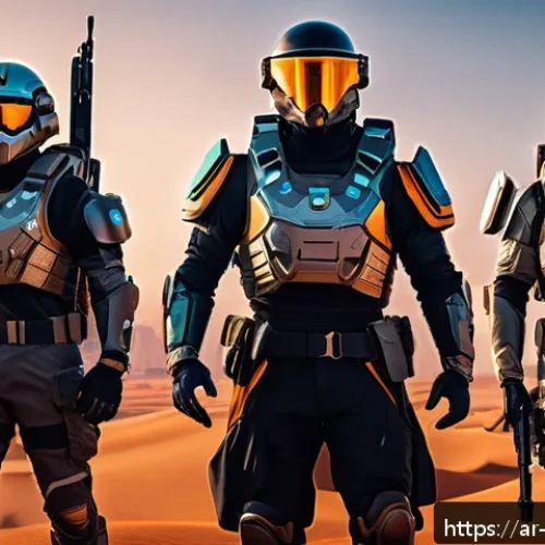 리버스 1999 콘텐츠 업데이트 일정 - A dynamic scene showcasing a diverse team of Arab players in futuristic tactical gear, collaborating...