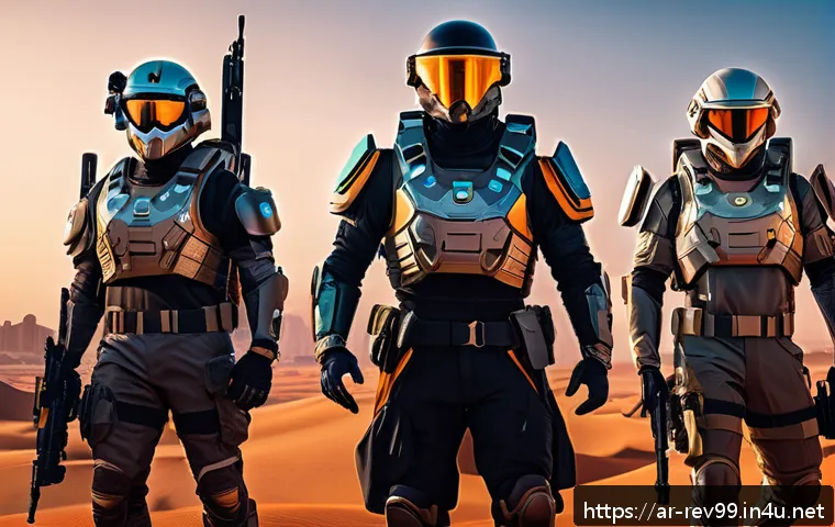 리버스 1999 콘텐츠 업데이트 일정 - A dynamic scene showcasing a diverse team of Arab players in futuristic tactical gear, collaborating...