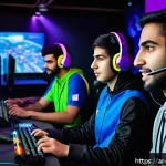 리버스 1999 팀 플레이 가이드 - A dynamic and intense esports team scene set in a modern gaming arena, featuring a diverse group of ...