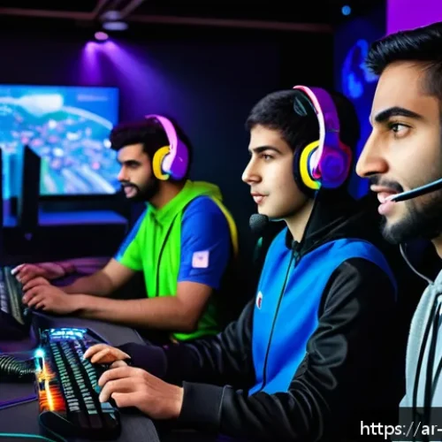리버스 1999 팀 플레이 가이드 - A dynamic and intense esports team scene set in a modern gaming arena, featuring a diverse group of ...