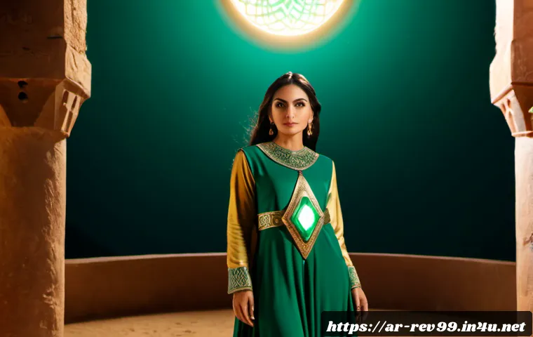 리버스 1999 전설 등급 캐릭터 소개 - Photorealistic cinematic portrait of a legendary time-bending fantasy heroine, elegant emerald and g...
