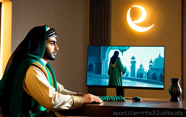 리버스 1999 한정판 캐릭터 공개 - Photorealistic cinematic gaming desk in a modern Arab apartment at night, a young adult Arab gamer v...